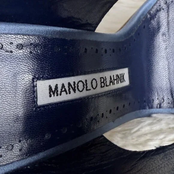 Manolo Blahnik Blue Satin Fibiona Mules Heels Swarovski Rhinestone Sandals - Picture 6 of 6